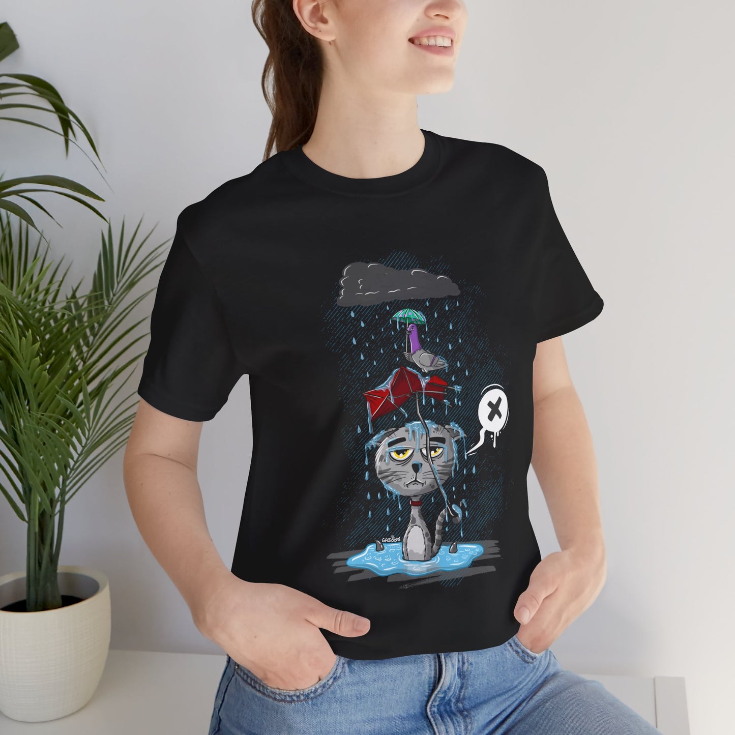 Grumpy Cat in the Rain | Unisex Shirt | Streetwear | Cartoon Graphic Tee | Funny Gift